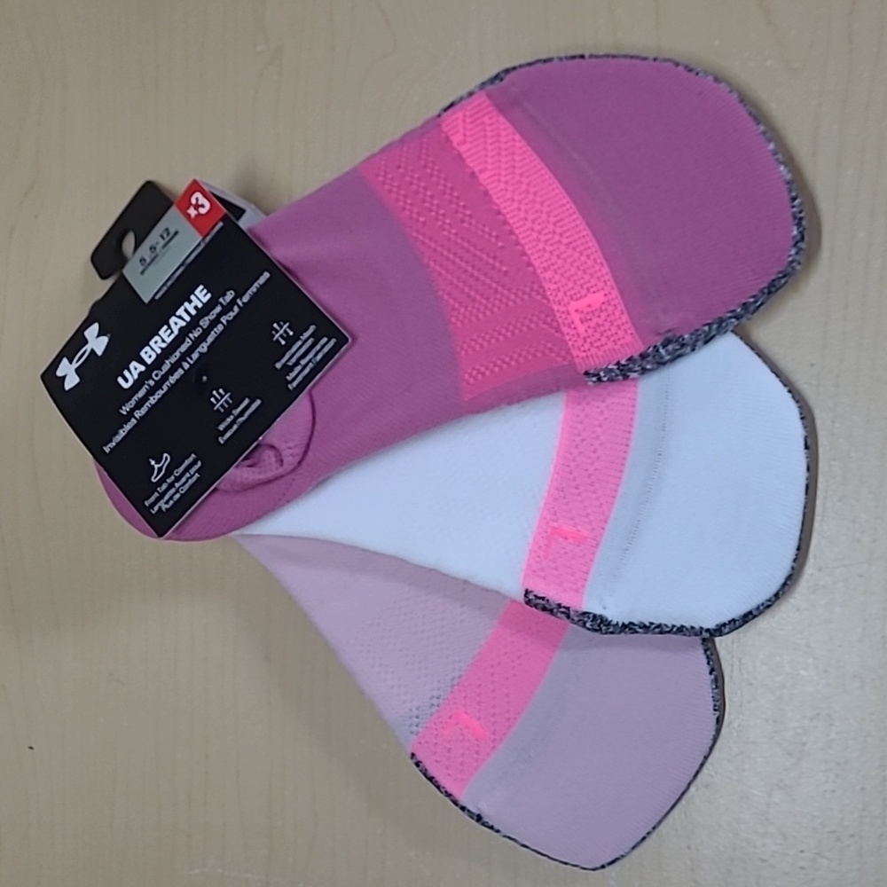 Under Armour UA Breathe X3 Women's No Show Tab Socks Pink Mix Size 5.5-12 NWT